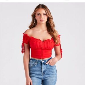 Windsor Scarlet Off-Shoulder Crop Top